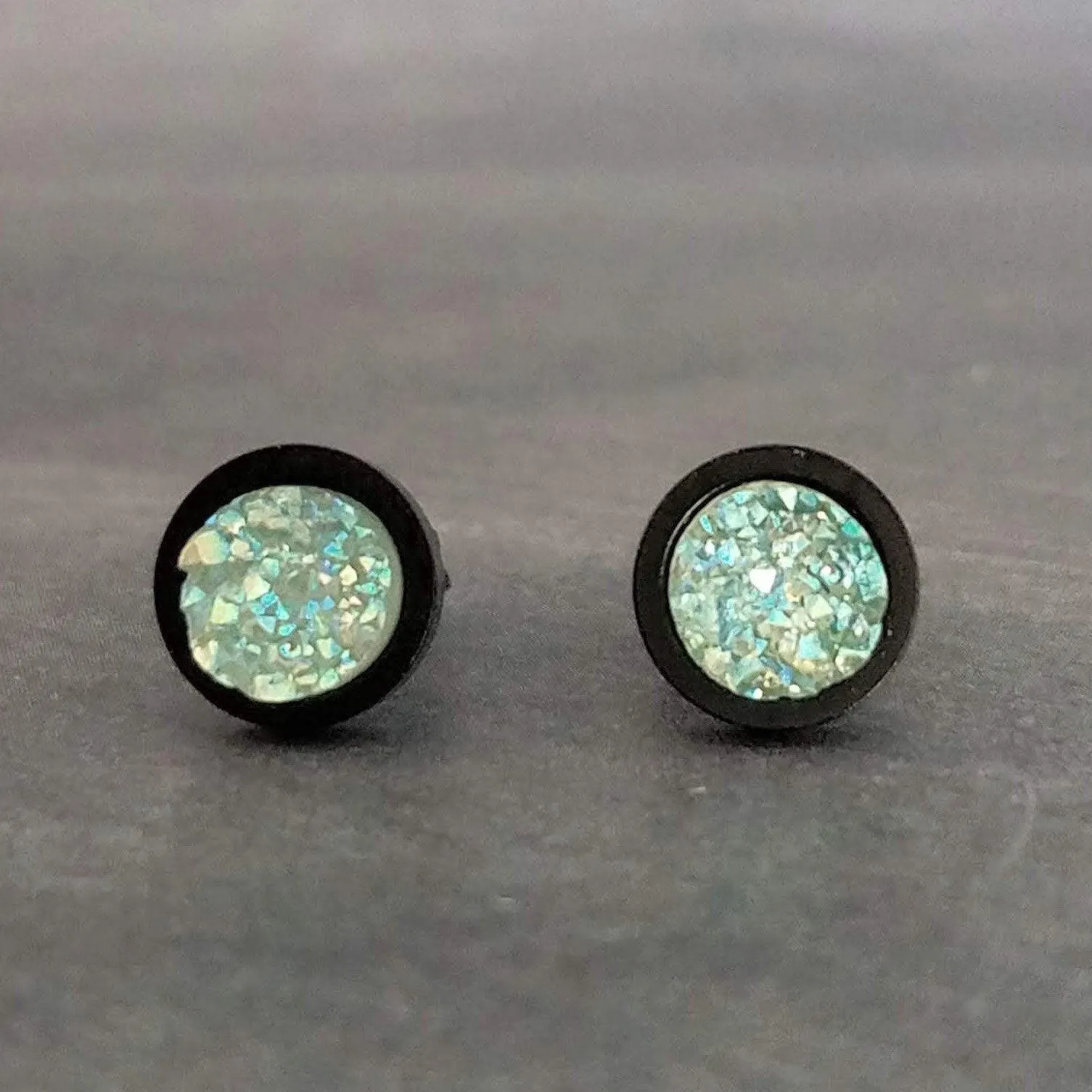 Ice Mint Blue Black Stud Earrings, ice blue earring, Alice blue earrings, matte black earring, small druzy earrings, jagged round stone pale