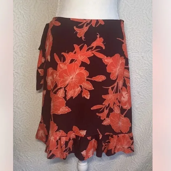 ICHI Japan Red Hawaiian Tropical Flowers Ruffle Edge Wrap Over Short Skirt Small