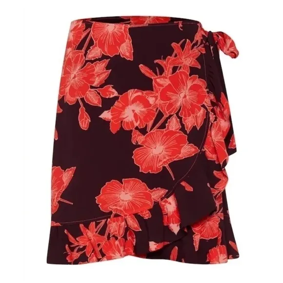 ICHI Japan Red Hawaiian Tropical Flowers Ruffle Edge Wrap Over Short Skirt Small