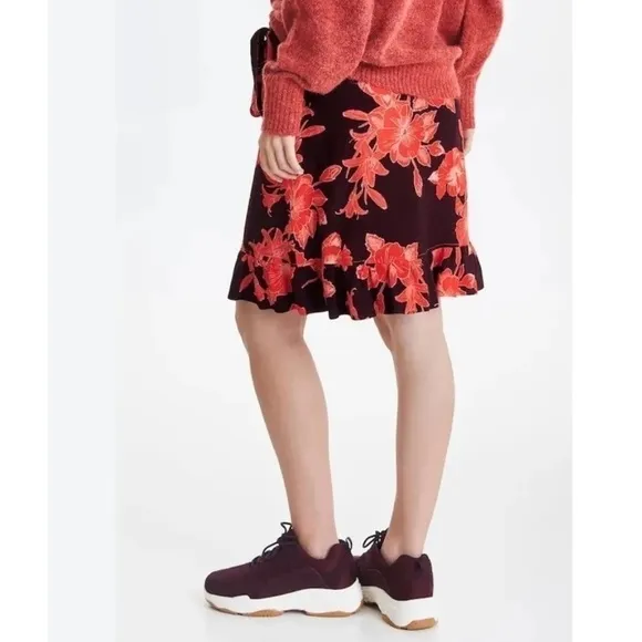 ICHI Japan Red Hawaiian Tropical Flowers Ruffle Edge Wrap Over Short Skirt Small