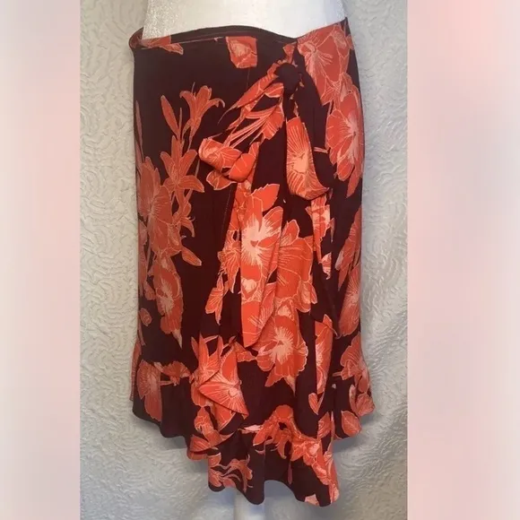 ICHI Japan Red Hawaiian Tropical Flowers Ruffle Edge Wrap Over Short Skirt Small