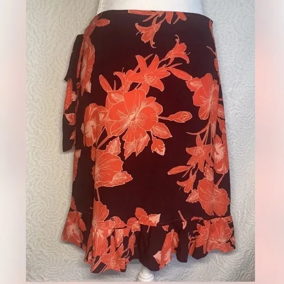 ICHI Japan Red Hawaiian Tropical Flowers Ruffle Edge Wrap Over Short Skirt Small