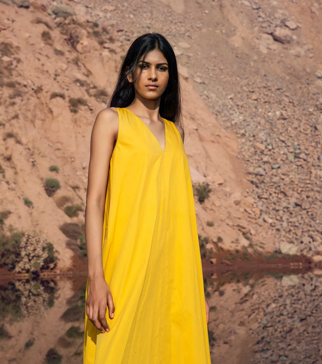 Khara Kapas   I   KharaKapas I Sunshine Yellow | V Neck | A Line  Dress  I  32 Days Of Summer
