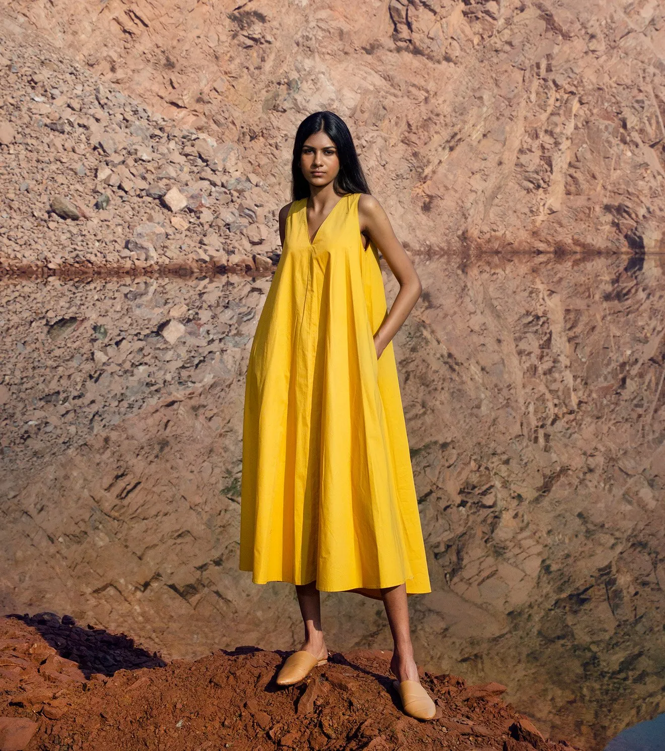 Khara Kapas   I   KharaKapas I Sunshine Yellow | V Neck | A Line  Dress  I  32 Days Of Summer