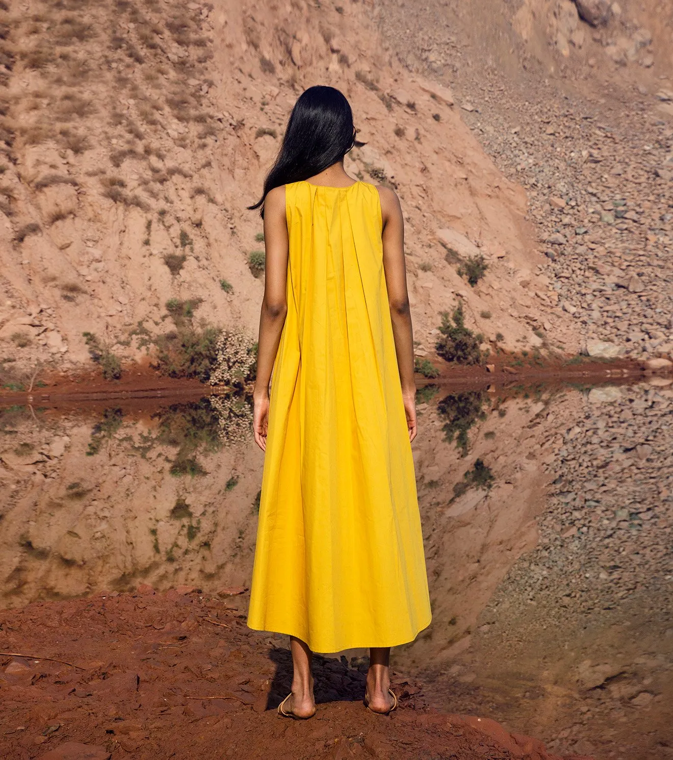 Khara Kapas   I   KharaKapas I Sunshine Yellow | V Neck | A Line  Dress  I  32 Days Of Summer