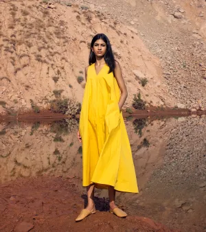 Khara Kapas   I   KharaKapas I Sunshine Yellow | V Neck | A Line  Dress  I  32 Days Of Summer