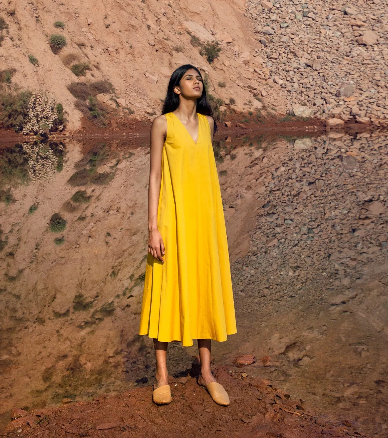 Khara Kapas   I   KharaKapas I Sunshine Yellow | V Neck | A Line  Dress  I  32 Days Of Summer