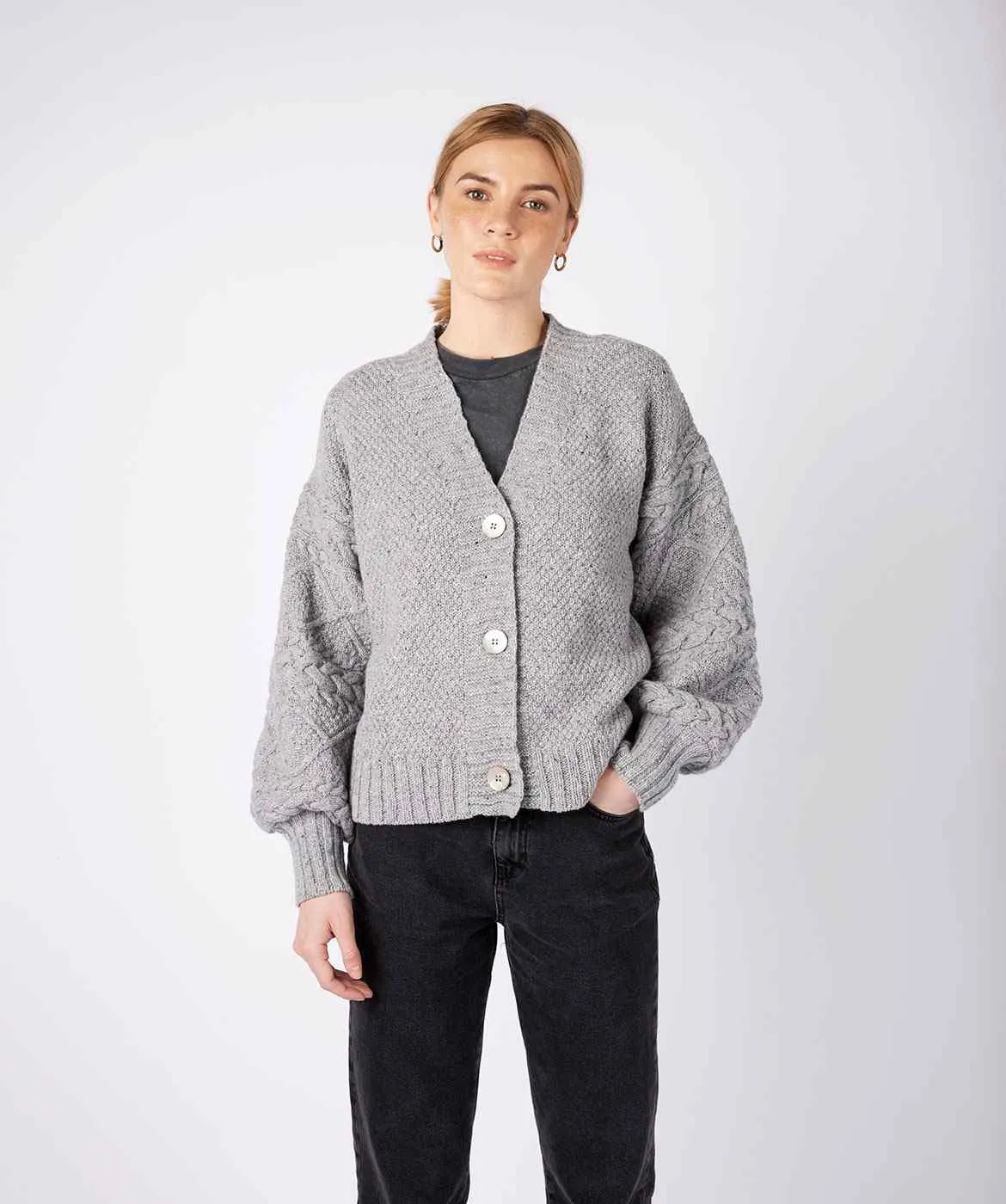 Knitted Cardigan with Cable Lantern Sleeve