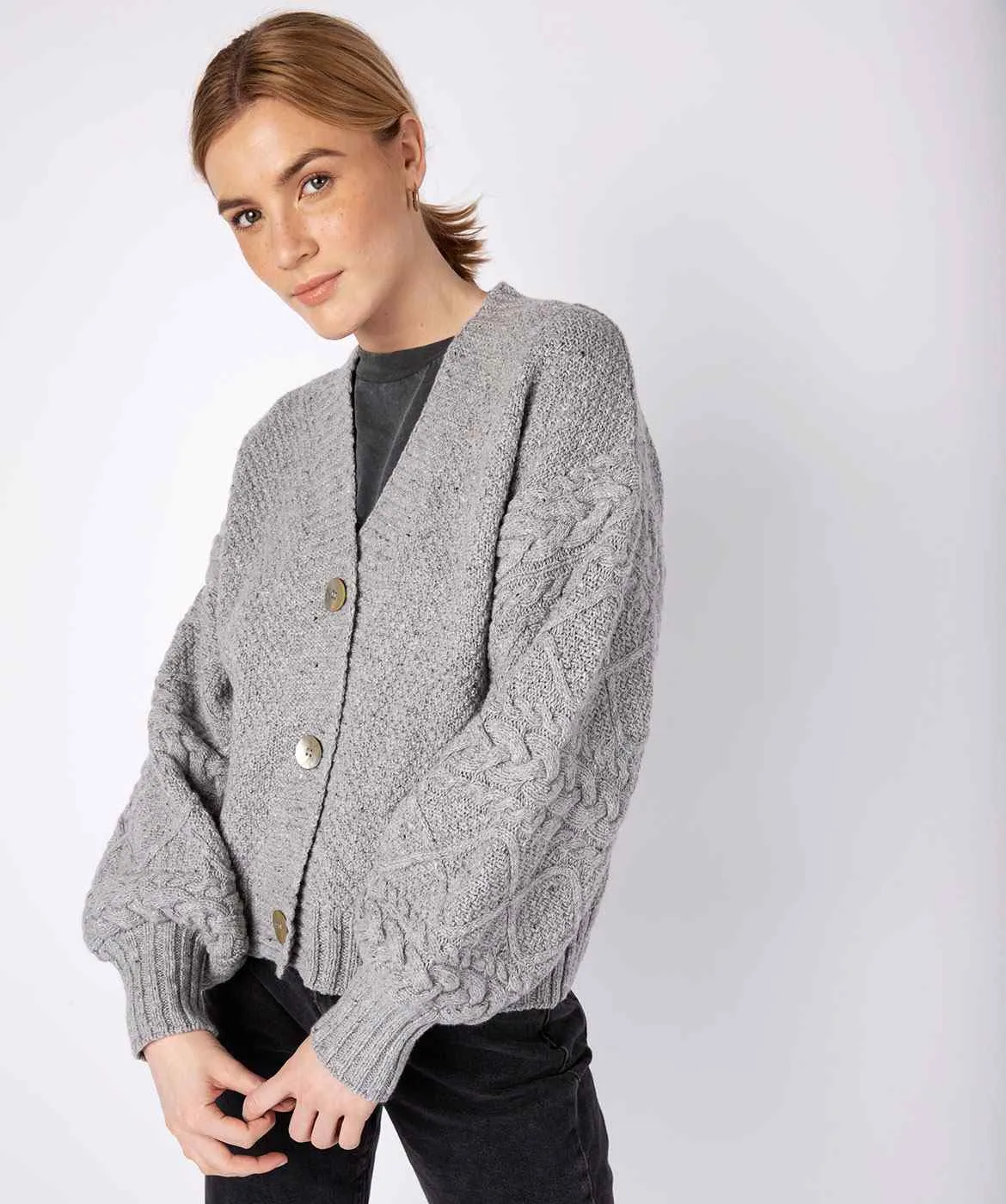 Knitted Cardigan with Cable Lantern Sleeve
