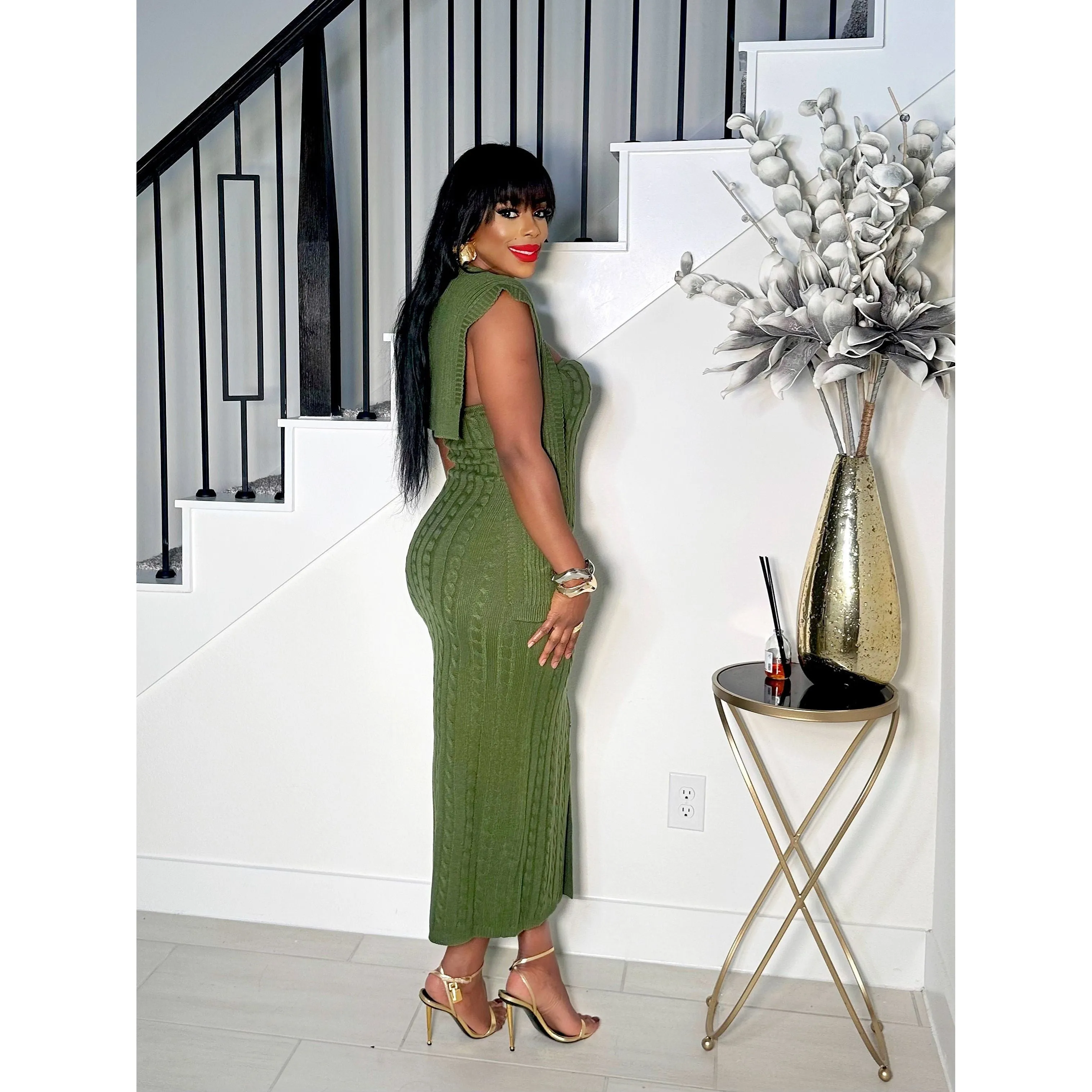 KYLIE 2 PIECE BUTTON DOWN KNIT DRESS (OLIVE)