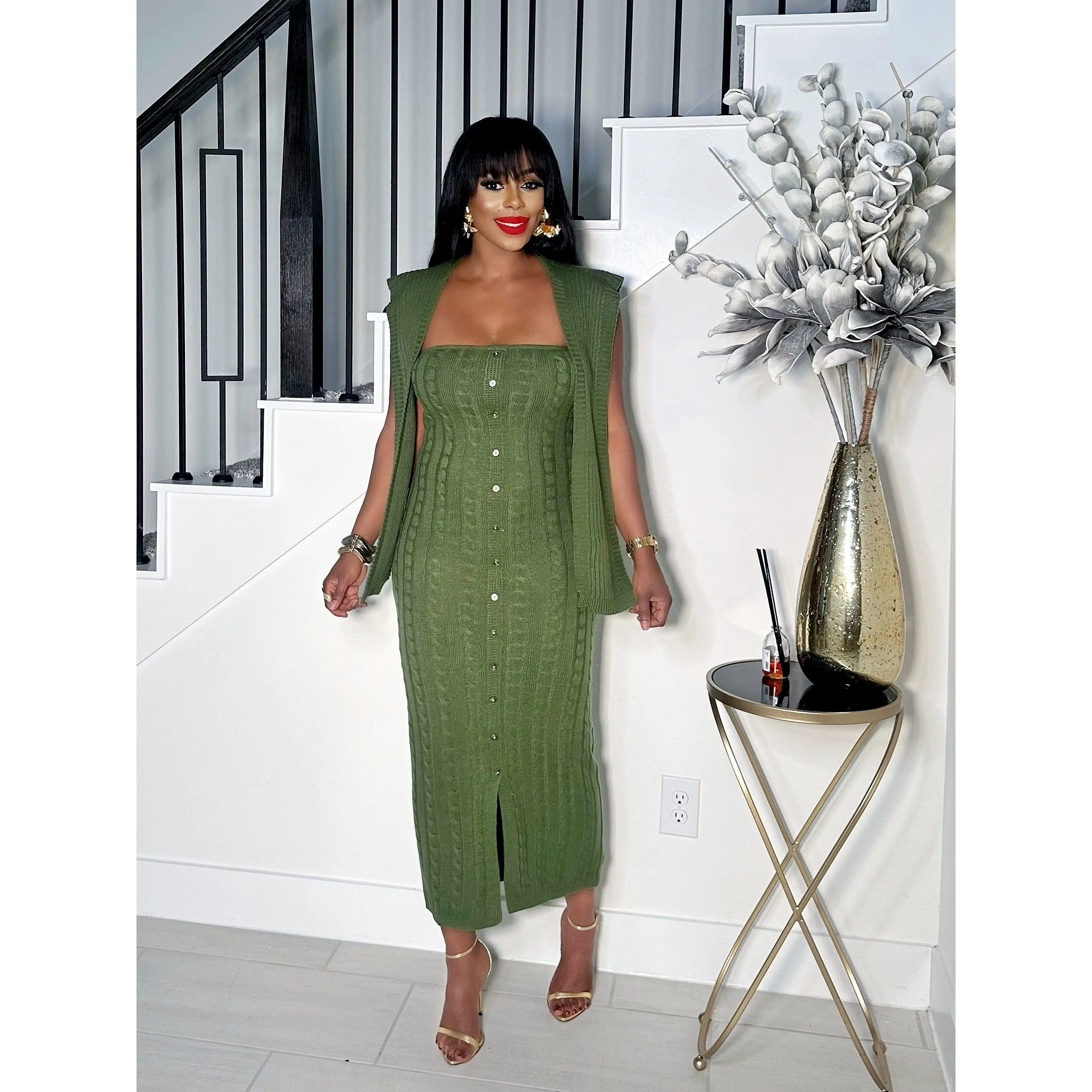 KYLIE 2 PIECE BUTTON DOWN KNIT DRESS (OLIVE)