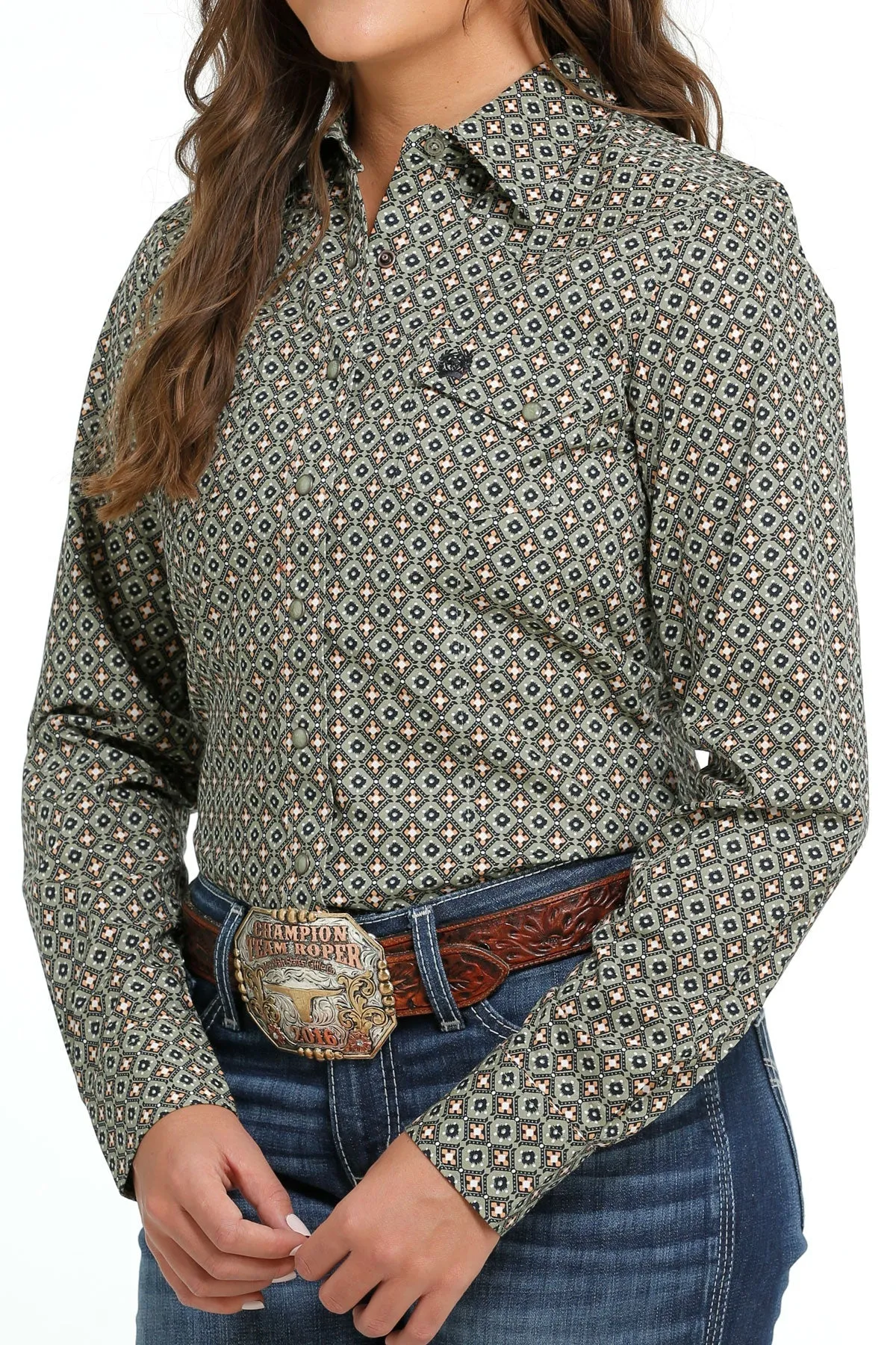 LADIES OLIVE PRINT BUTTON LONG SLEEVE SHIRT