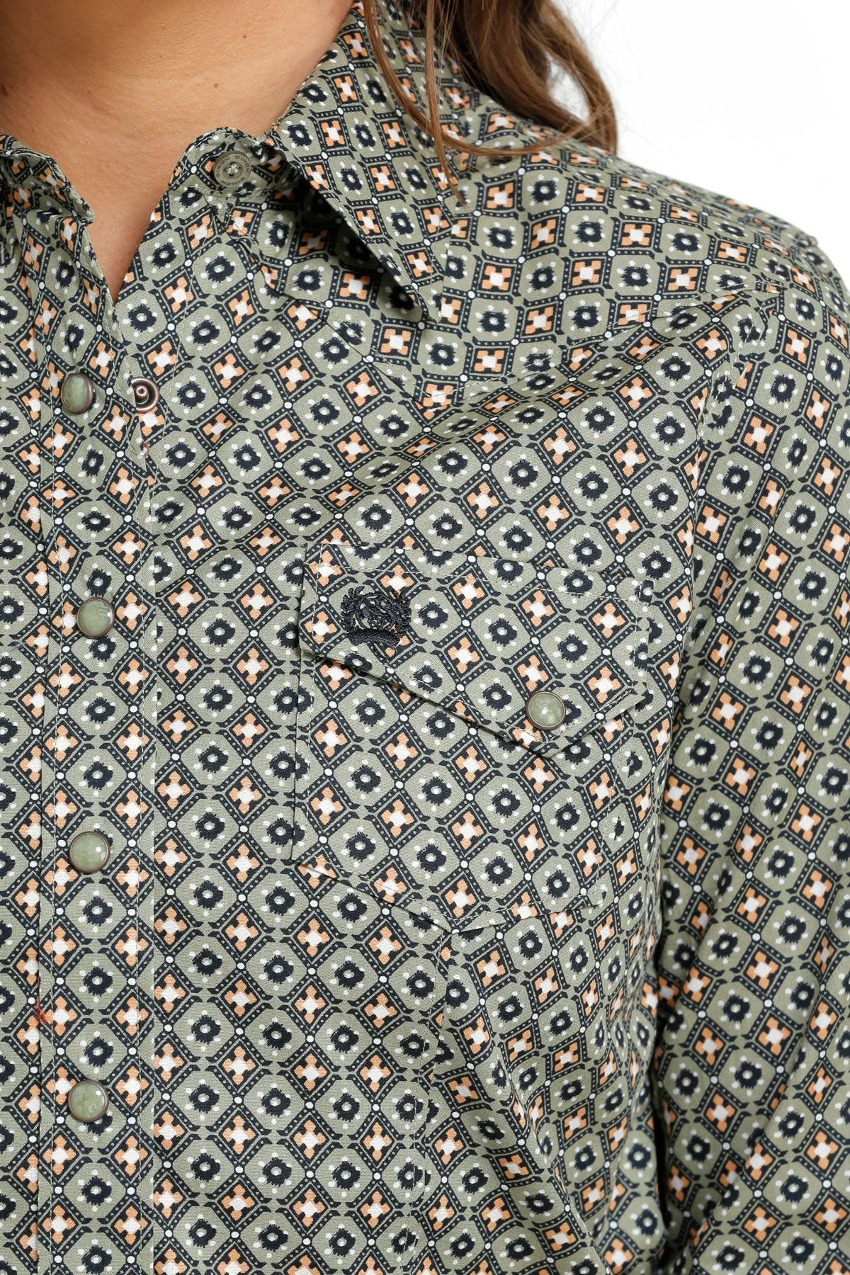 LADIES OLIVE PRINT BUTTON LONG SLEEVE SHIRT