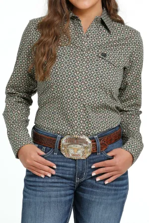 LADIES OLIVE PRINT BUTTON LONG SLEEVE SHIRT