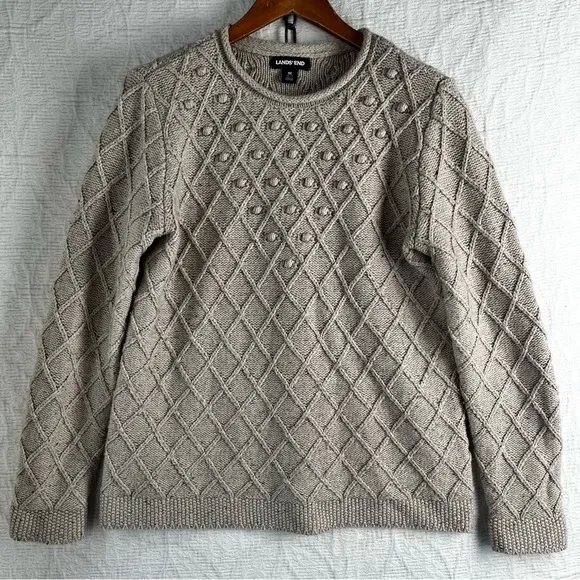 Lands End Cotton Blend Rollneck Sweater Women M Beige Donegal Knit Oatmeal Tweed