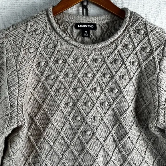 Lands End Cotton Blend Rollneck Sweater Women M Beige Donegal Knit Oatmeal Tweed