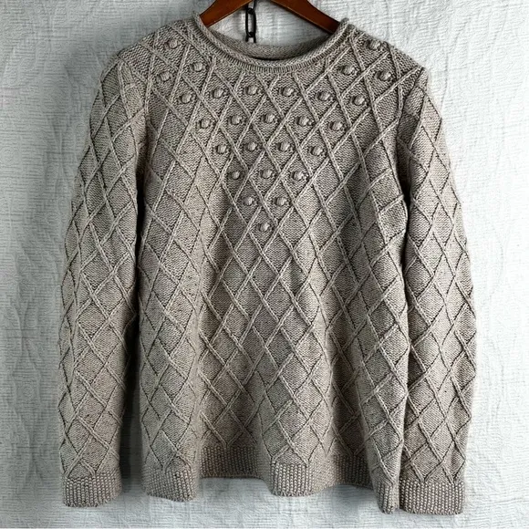 Lands End Cotton Blend Rollneck Sweater Women M Beige Donegal Knit Oatmeal Tweed