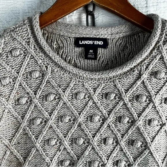 Lands End Cotton Blend Rollneck Sweater Women M Beige Donegal Knit Oatmeal Tweed