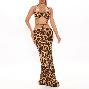 Leopard Print Sleeveless Bandage Maxi Dress