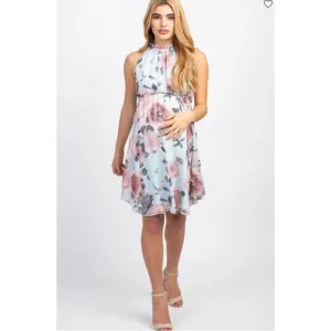 Light Blue Floral High Neck Dress - Size XL