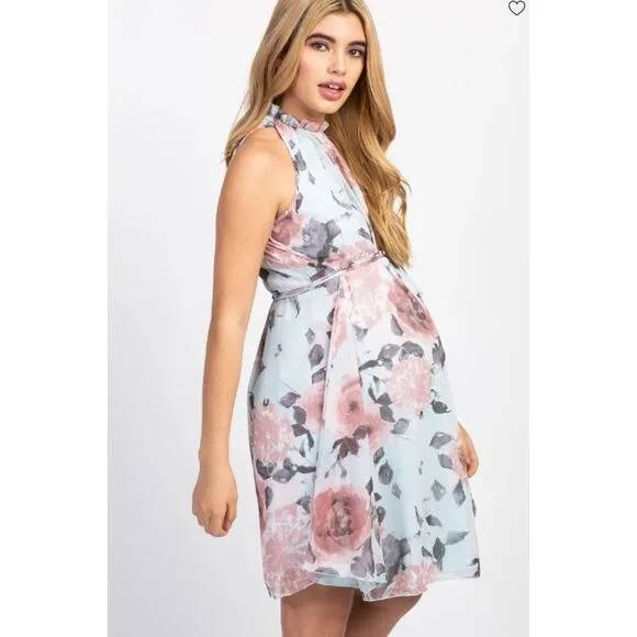 Light Blue Floral High Neck Dress - Size XL