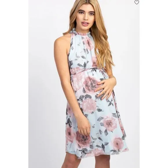Light Blue Floral High Neck Dress - Size XL