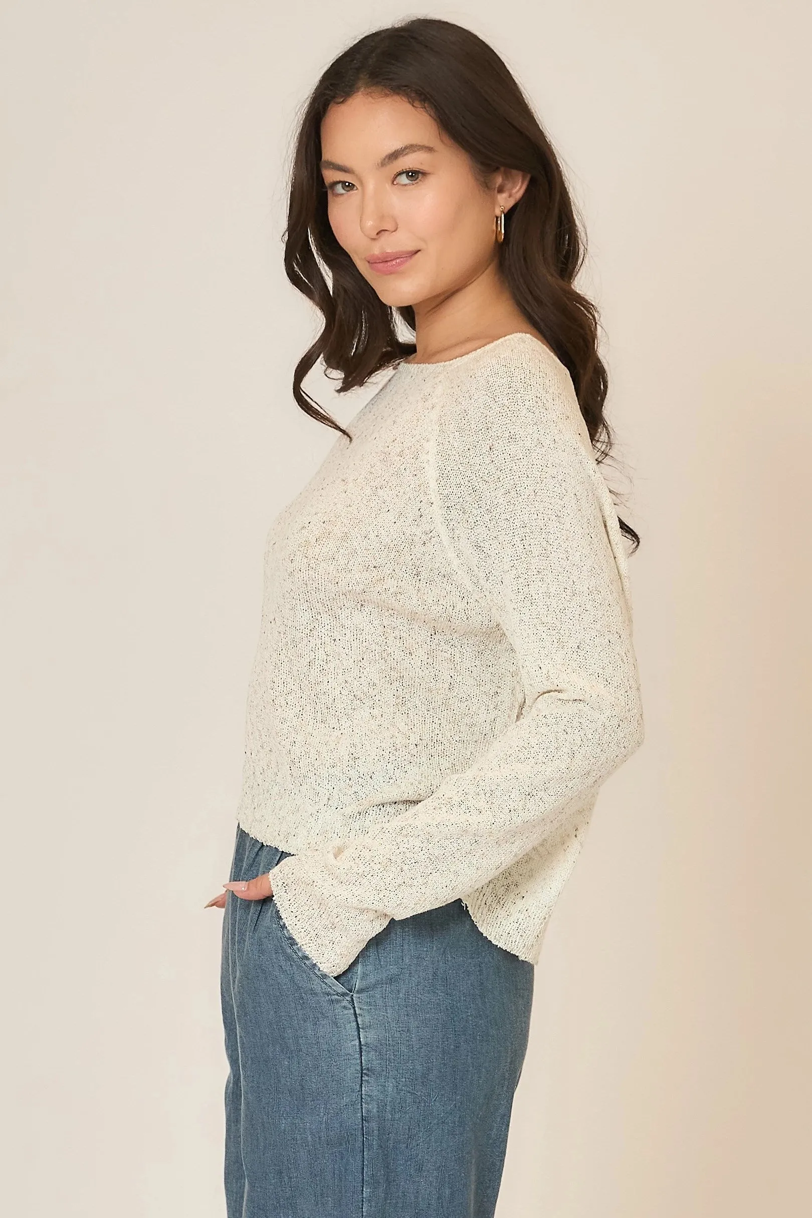 Light Knit Melange Boat Neck Sweater