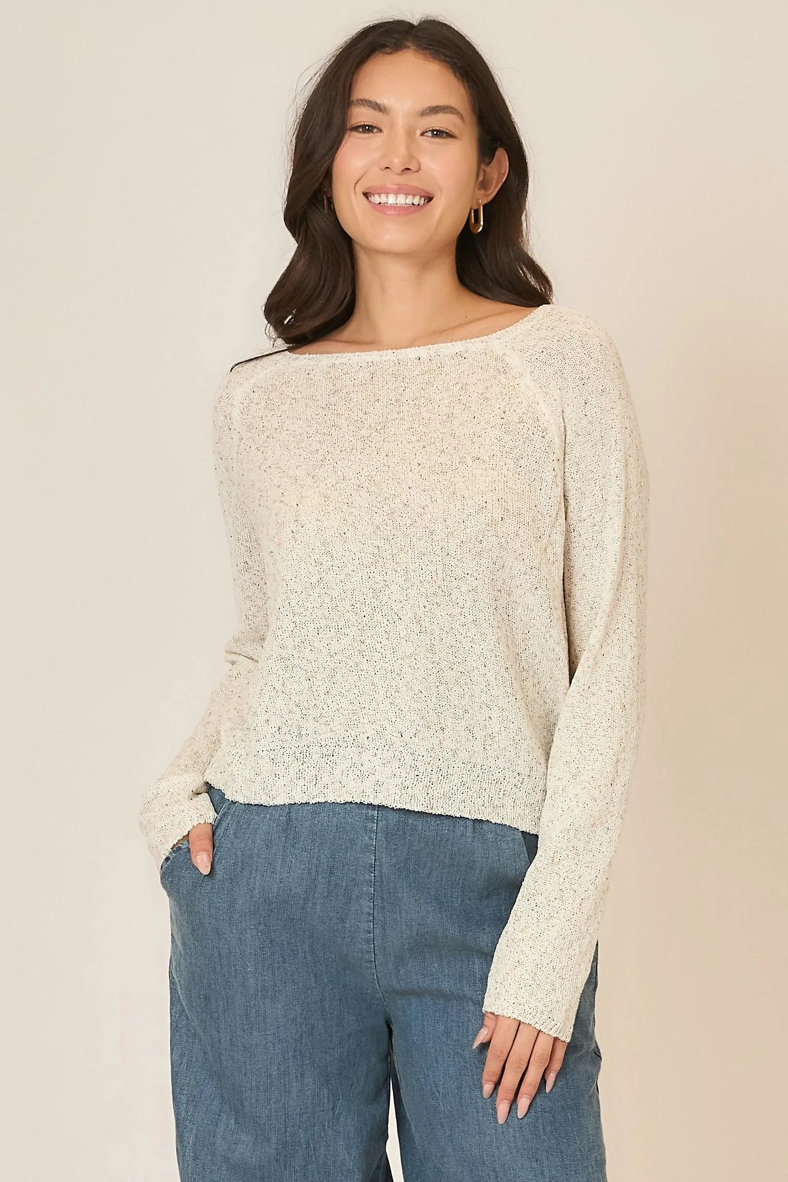 Light Knit Melange Boat Neck Sweater