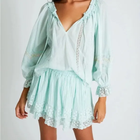 LoveShackFancy Toya lace panel mini skirt, seafoam green, NWT, size L
