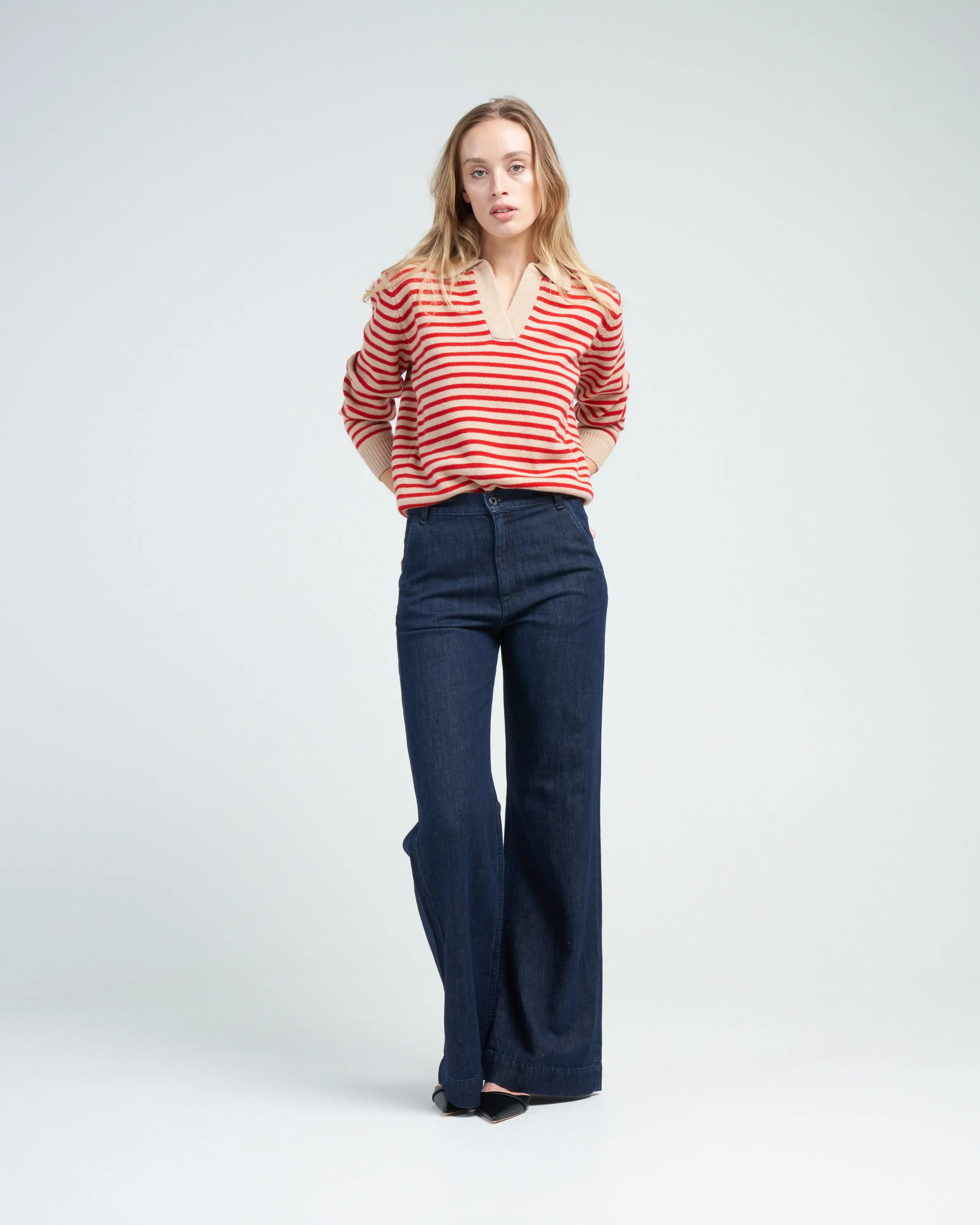 lucian stripe sweater - biscuit/scarlet red