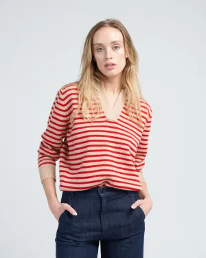 lucian stripe sweater - biscuit/scarlet red