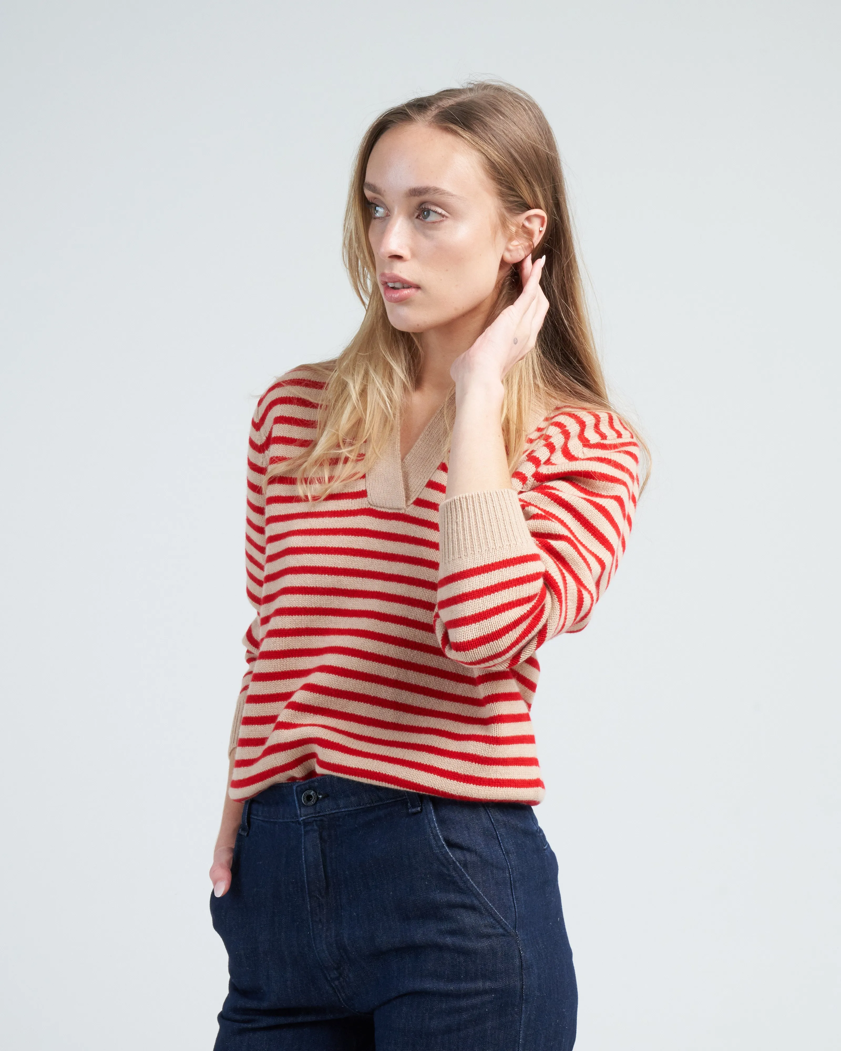 lucian stripe sweater - biscuit/scarlet red