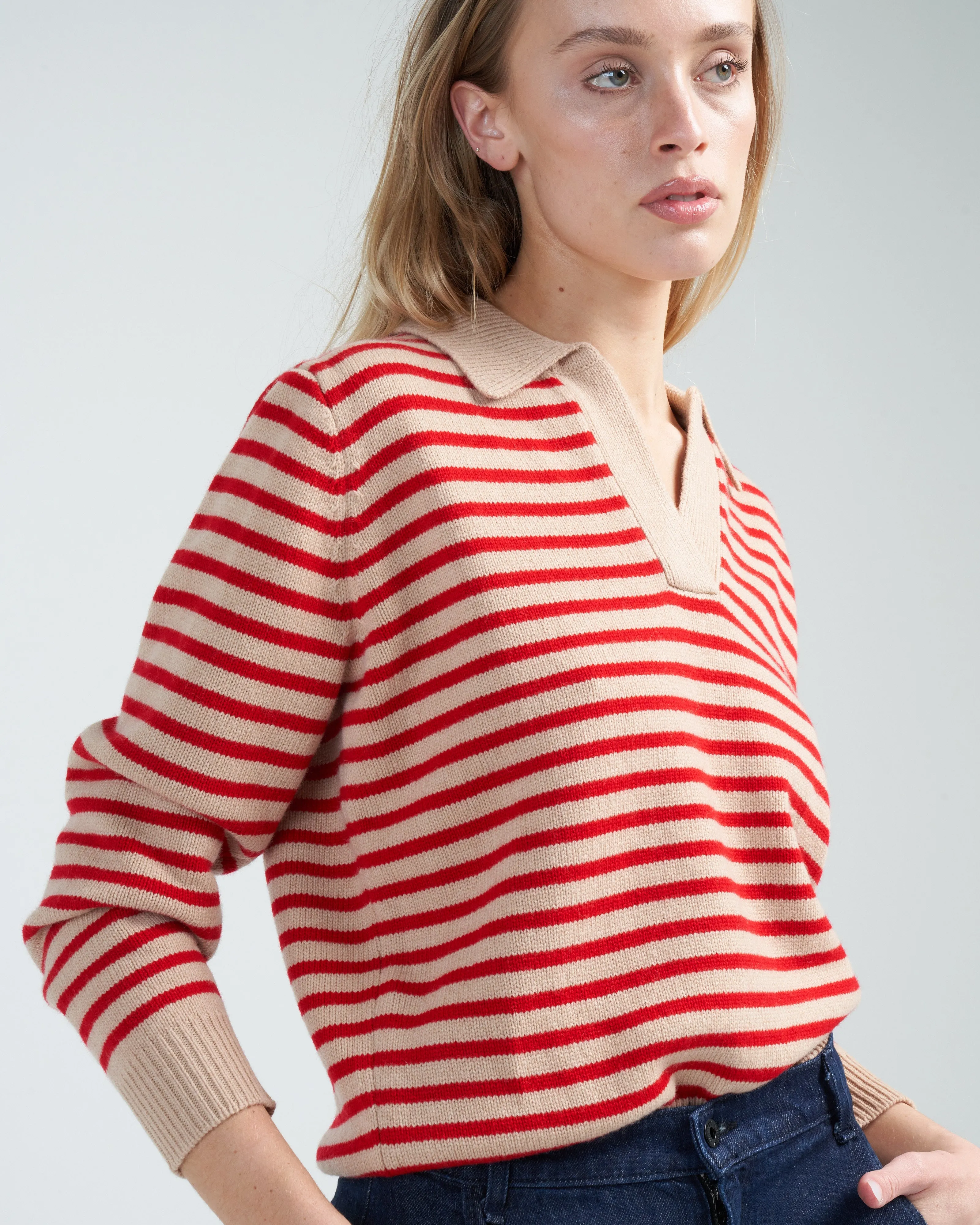 lucian stripe sweater - biscuit/scarlet red