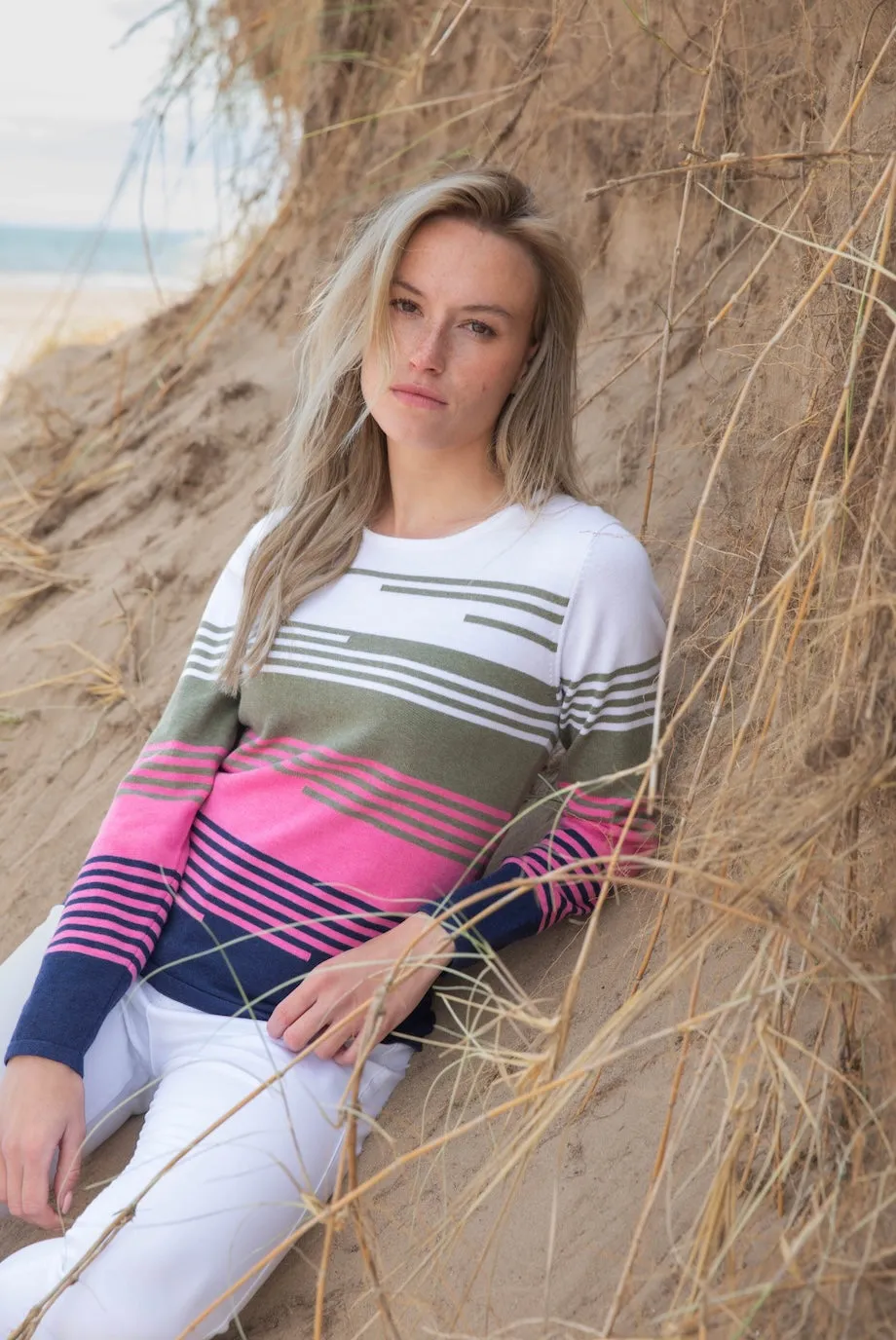 Marble Womens Striped Jumper - Pink/khaki/navy
