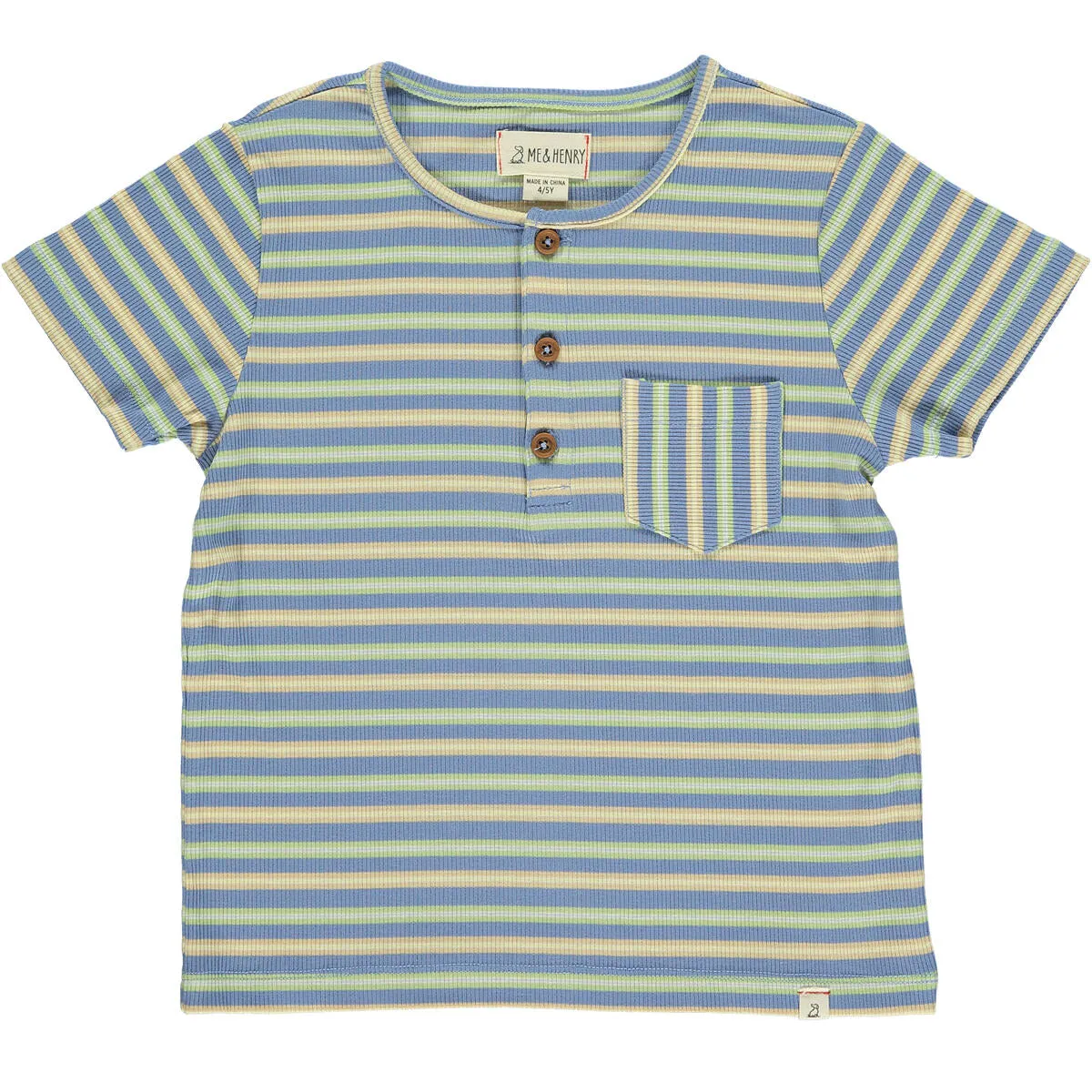 Me & Henry Boys Dodger Short Sleeved Ribbed Henley - Blue/Lime/Beige Stripe