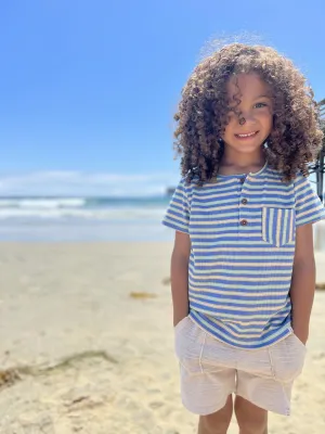 Me & Henry Boys Dodger Short Sleeved Ribbed Henley - Blue/Lime/Beige Stripe