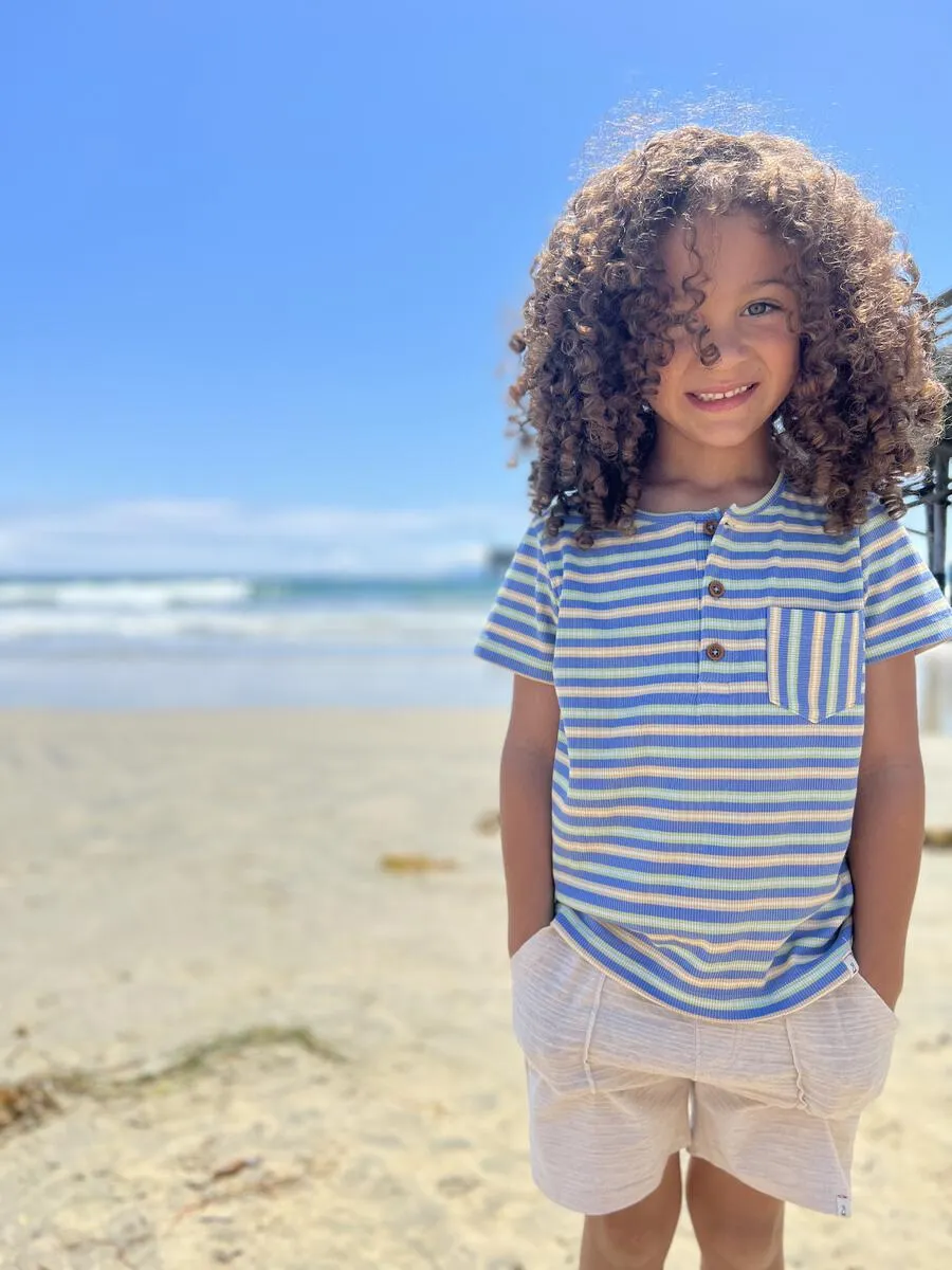 Me & Henry Boys Dodger Short Sleeved Ribbed Henley - Blue/Lime/Beige Stripe