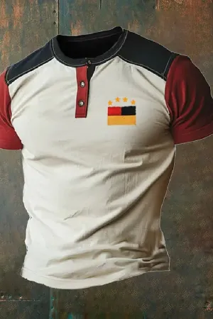 Men's German Flag Print Color Block Henley Neck T-Shirt