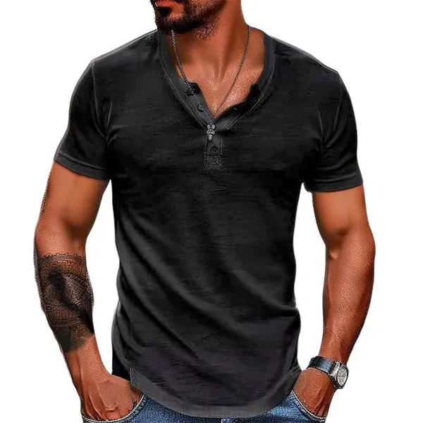 MEN'S SOLID HENLEY SHORT SLEEVE T-SHIRT