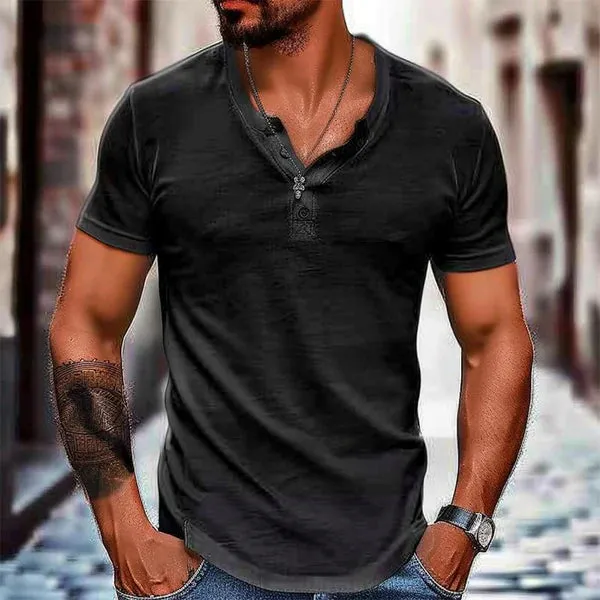 MEN'S SOLID HENLEY SHORT SLEEVE T-SHIRT