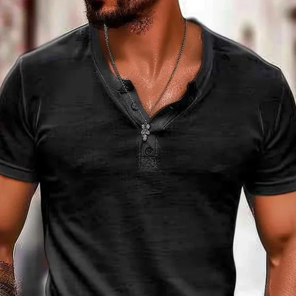 MEN'S SOLID HENLEY SHORT SLEEVE T-SHIRT