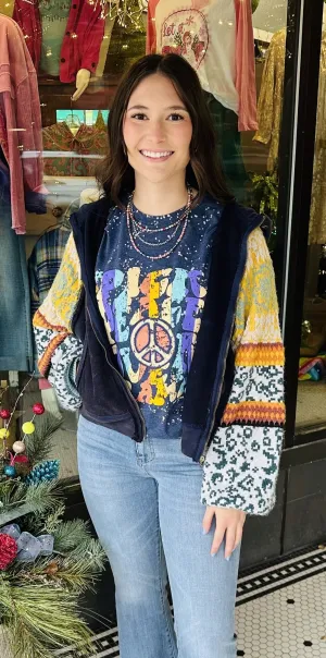 Mineral Washed Knit Zip Up Hoodie Jacket w Sweater Balloon Slvs
