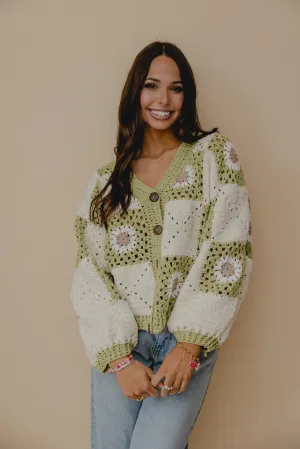 Myriam Daisy Crochet Cardigan Green