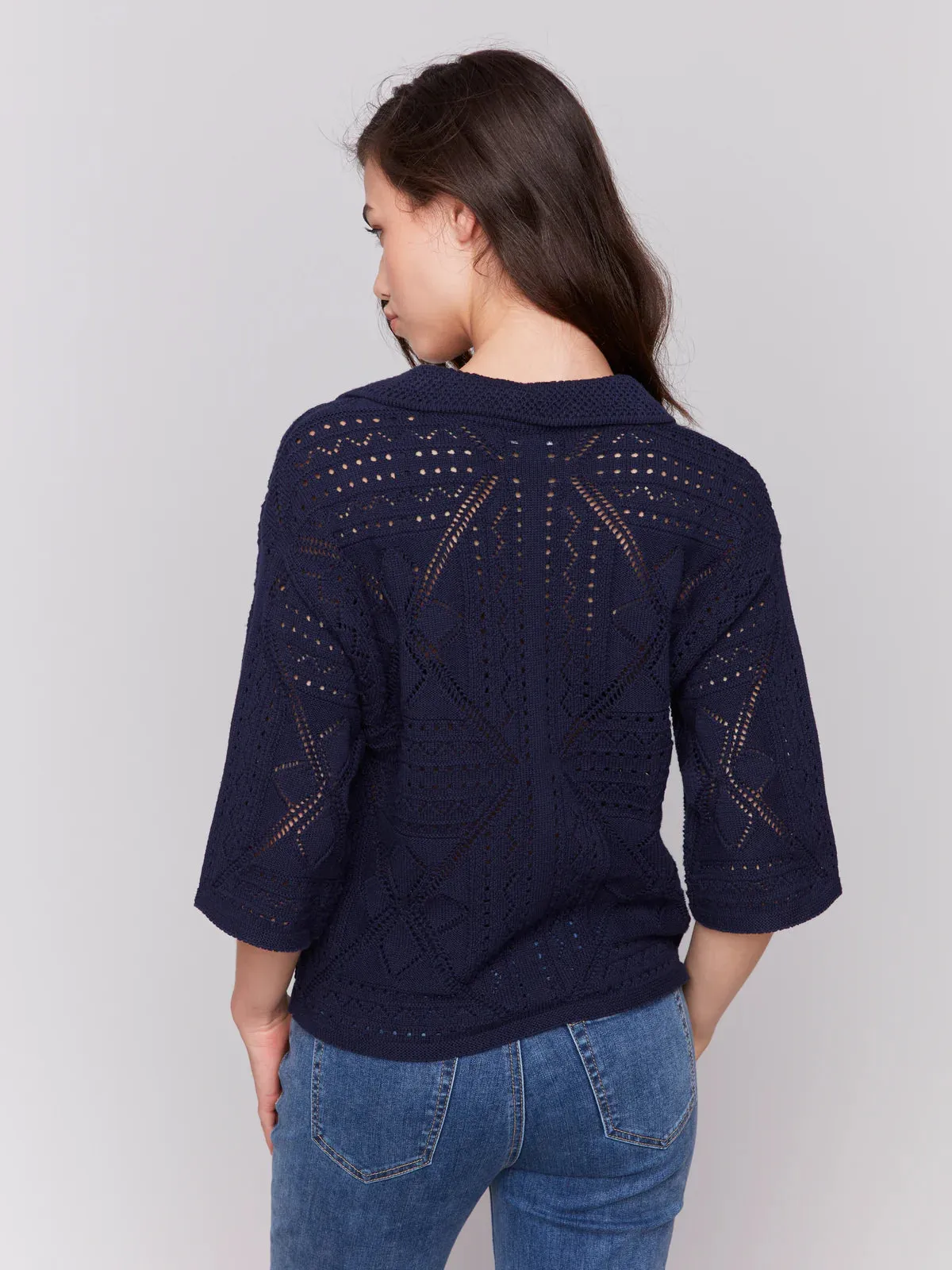 Navy 3/4 Sleeve Knit Sweater