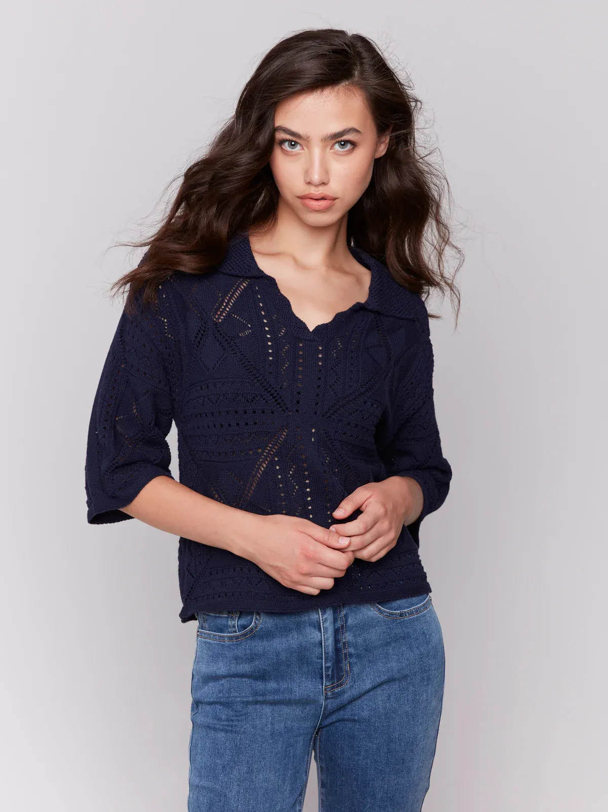 Navy 3/4 Sleeve Knit Sweater