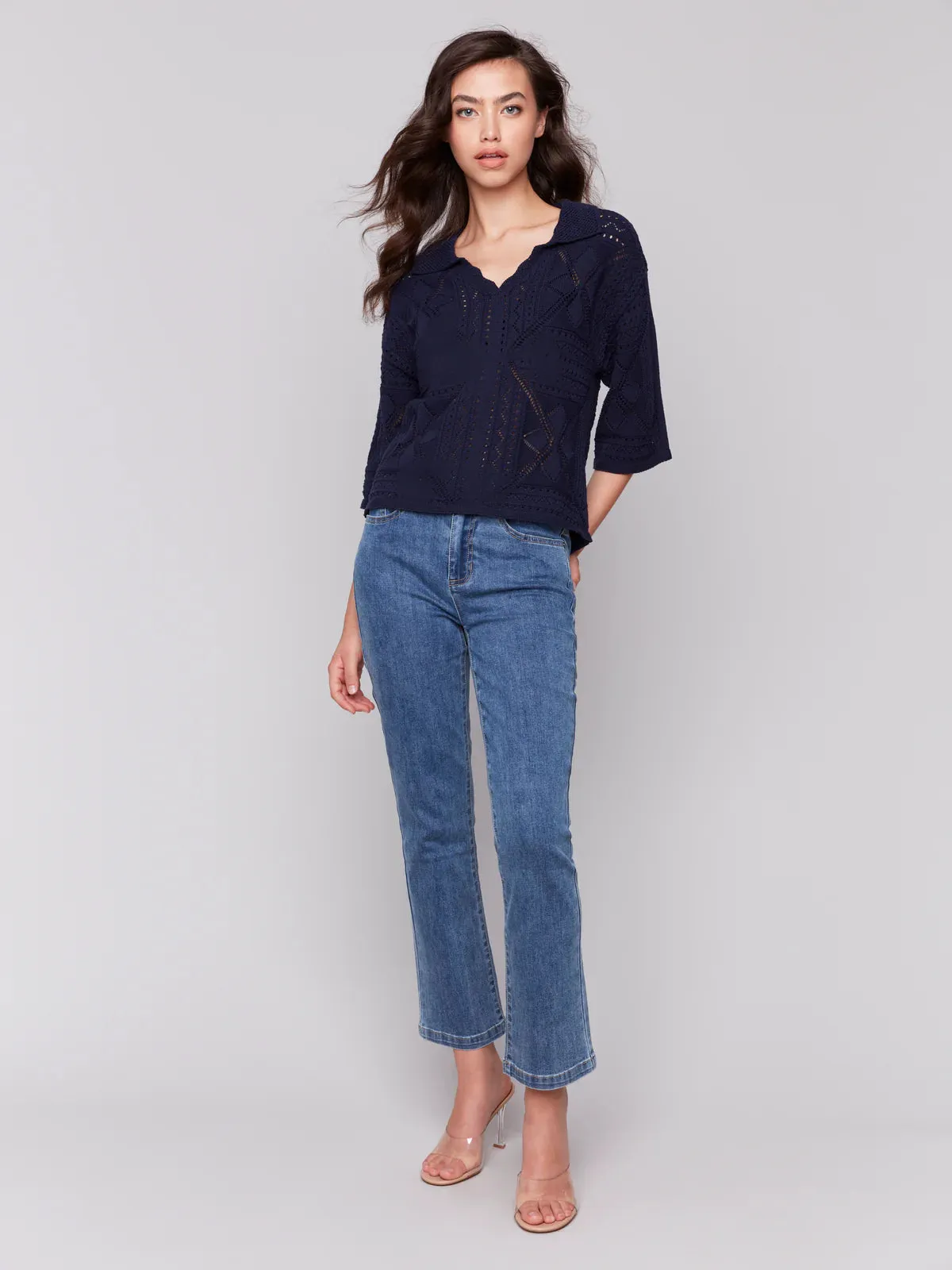Navy 3/4 Sleeve Knit Sweater
