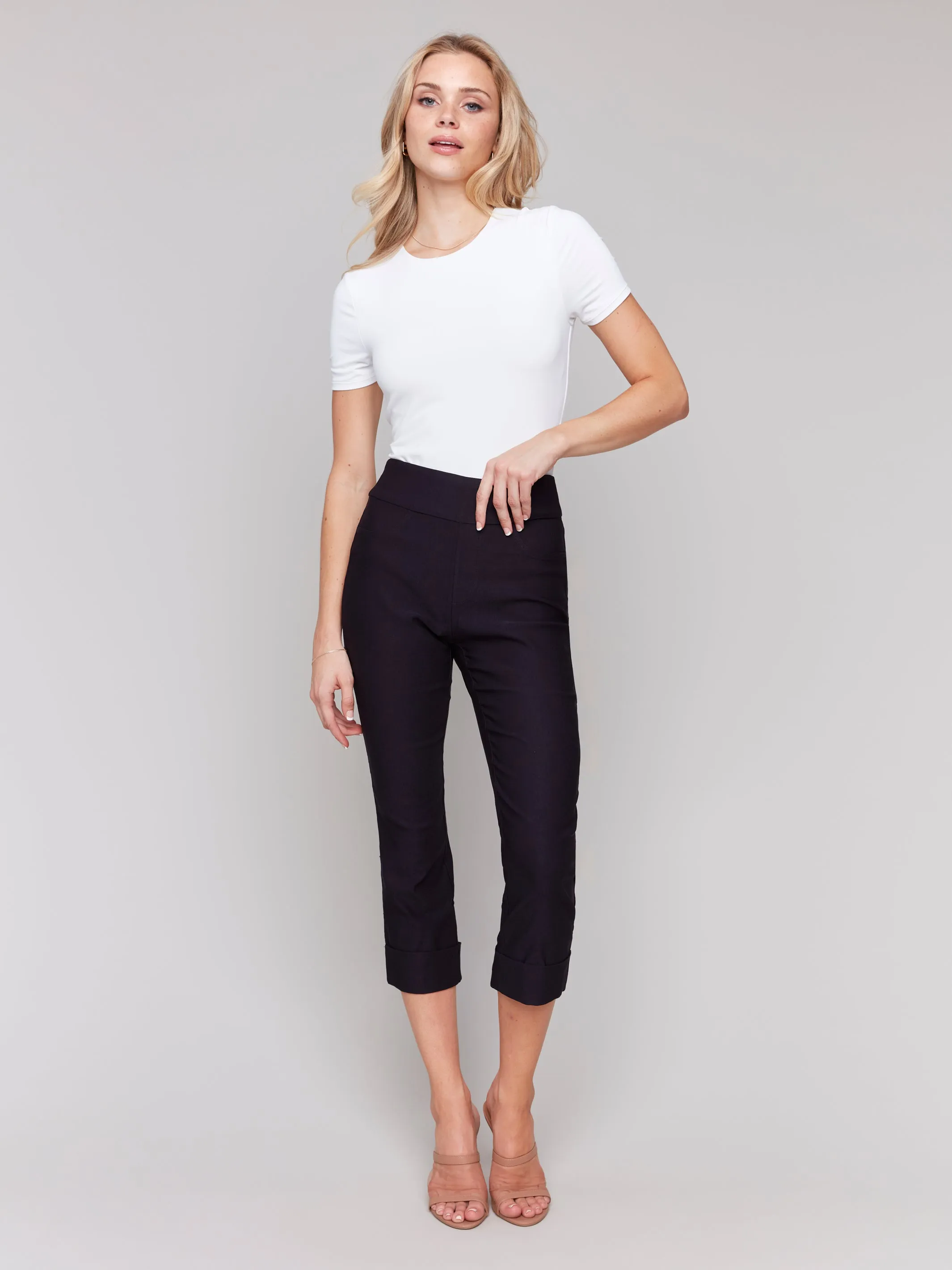 Navy Stretch Pull On Cropped Cuffed Pant