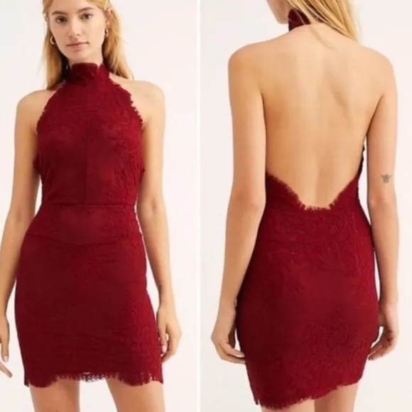NEW Free People Harper High Neck Halter Lace Red Mini Dress NWT