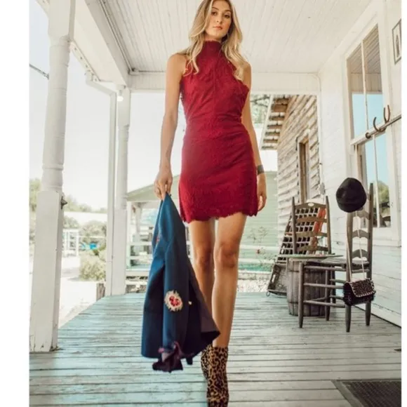 NEW Free People Harper High Neck Halter Lace Red Mini Dress NWT