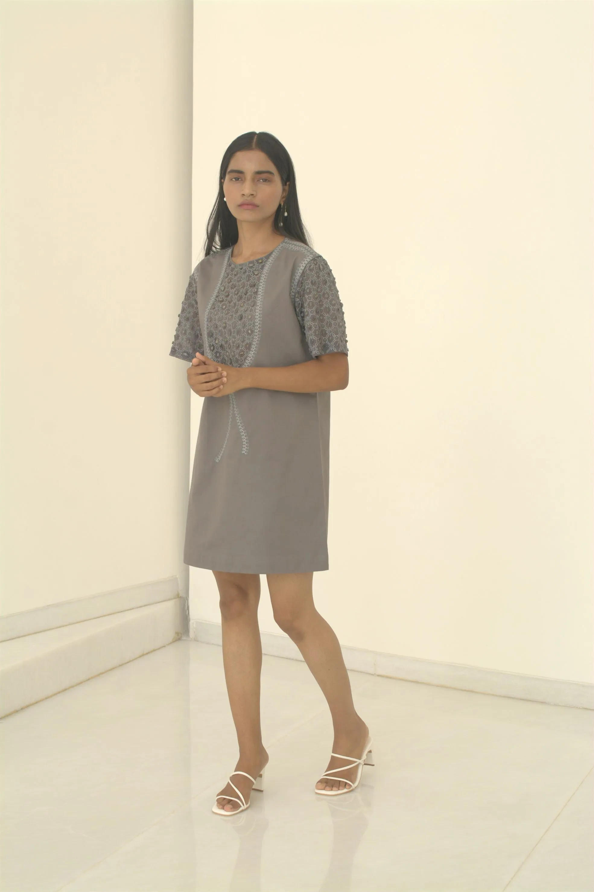 New Season Summer to Fall 2024-Dress Embellished Cotton Dolphin Grey-G/C/049-Suzanne-Fashion Edit Hemji